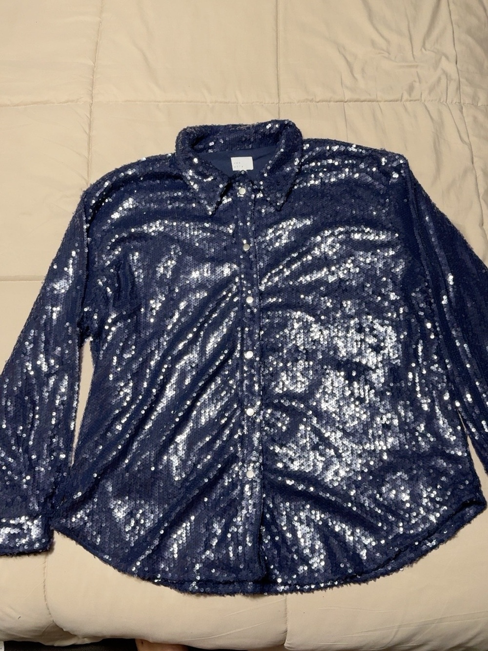 Dee Elly Navy Blue Sequin Button Down Shirt Women’s XL Party